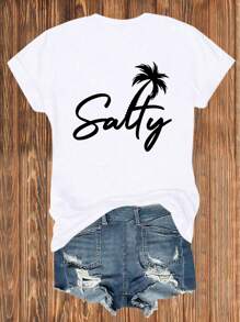 Flirla Plus Size Summer Casual Palm Tree Print Short Sleeve T-Shirt - White - View 2