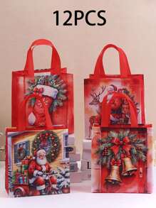 4/12/20pcs Gift Bags With Santa Claus Print - Reusable Party Gift Tote Bags For Presents - Non-Woven Retail Shopping Bags With Handles For Holiday & Birthday Gifts, Valentine's Day, Valentines Wedding, Birthday,Christmas Decorations, Suplies