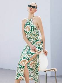 SHEIN Privé Bohemian Jacquard Vacation Halter High Split Ruched Open Back Sleeveless Dress For Women