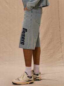 "Musero" Slogan Print Longline Denim Shorts Spring Summer Easter - Blue - View 3