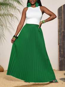 Slaydiva Neuer Frühlings- und Sommer-Lässig- und eleganter runder Ausschnitt ärmellose verkürzte weiße gestrickte Rennweste + plissierter Rock langer Rock grüner Damen Zweiteiler-B