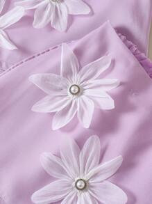 2pcs Set Girls Stylish Pearl 3D Floral Design Top With Skirt Suit, Elegant Princess Outfit, Summer - Purple - View 5