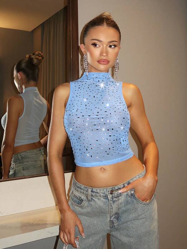 SHEIN BAE Parte superior de tirantes elegante, transparente y sexy de malla y con rhinestones en color caqui/tostado, adecuada para fiesta, cita nocturna, conciertos country, festivales de música y conciertos