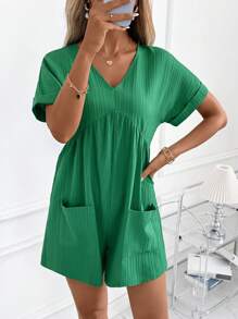 SHEIN Clasi Bộ đồ liền thân tay ngắn dệt jacquard cổ chữ V màu xanh lá cây cho nữ - Trang phục thanh lịch hàng ngày, Xuân/Hè - màu xanh lá - Xem 6