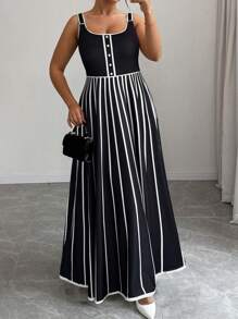 SHEIN Unity Plus Size Stylish Commuter Color Block Striped Print Dress - Black and White - View 1