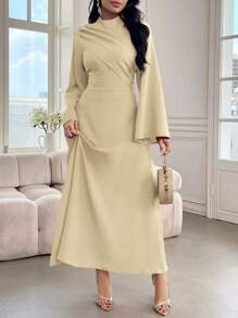 Modelyn 女士纯色立领长袖褶皱长款休闲连衣裙长款晚礼服 - 米色 - 查看 7