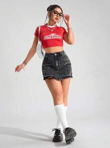 Jeanoix 休闲纯色做旧原始下摆口袋牛仔短裤 - 黑色 - 查看 4