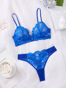 2 件套女士蕾丝前开合无钢圈文胸和内裤性感内衣套装