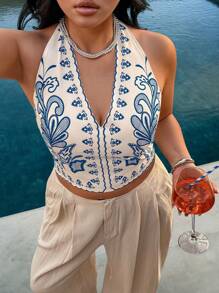 SHEIN Clasi Plus Size Women Plant Print Casual Halter Neck Tank Top - Multicolor - View 3