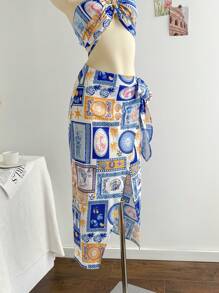 Soleia 女士热带岛屿印花拼接卷发装饰吊带后系带蝴蝶结+裹身领带高开叉中长裙沙滩裙两件套 - 彩色 - 查看 5