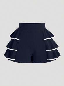 SHEIN LUNE Plus Size Color-Block Ruffle Hem A-Line High Waist Elegant Shorts For Commuter - Navy Blue - View 1