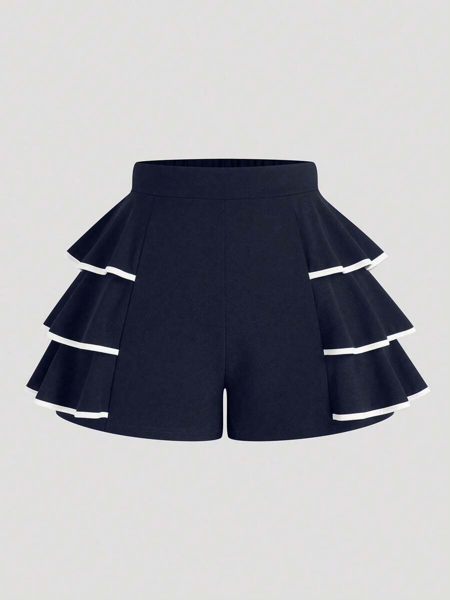 SHEIN LUNE Plus Size Color-Block Ruffle Hem A-Line High Waist Elegant Shorts For Commuter - Navy Blue - View 1