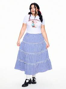 ROMWE Kawaii Conjunto de vacaciones para mujer con falda A-line plisada y con volantes, cinta a cuadros, talla grande