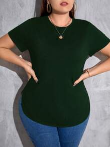SHEIN Essnce Plus Size Solid Color Casual Crew Neck Short Sleeve T-Shirt, Summer Spring - Dark Green - View 1