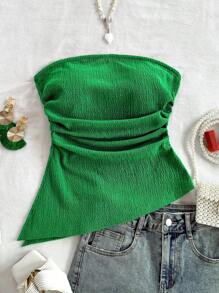 Soleia 女士度假露肩蓝色纹理不对称下摆开衩侧褶皱修身上衣