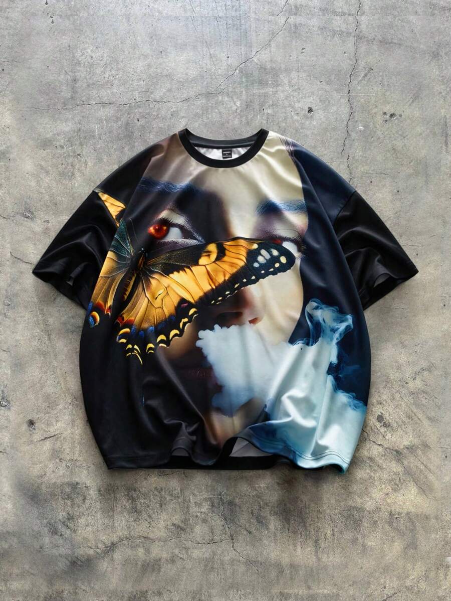 Manfinity VCAY Multiple Sizes Men's Loose Fit Round Neck Short Sleeve Digital Printed T-Shirt - Black - View 1