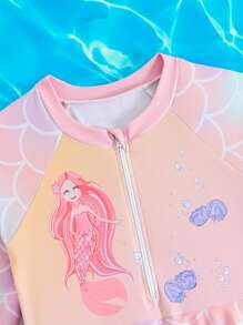 2pcs/Set Young Girls One-Piece Swimsuit With Defining Prints & Frilly Edges - Multicolor - View 5