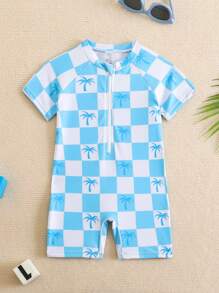 Baby Boy Printed Checker Board & Coconut Tree Pattern One-Piece Swimsuit, For Beach Vacation - Baby Blue - View 1