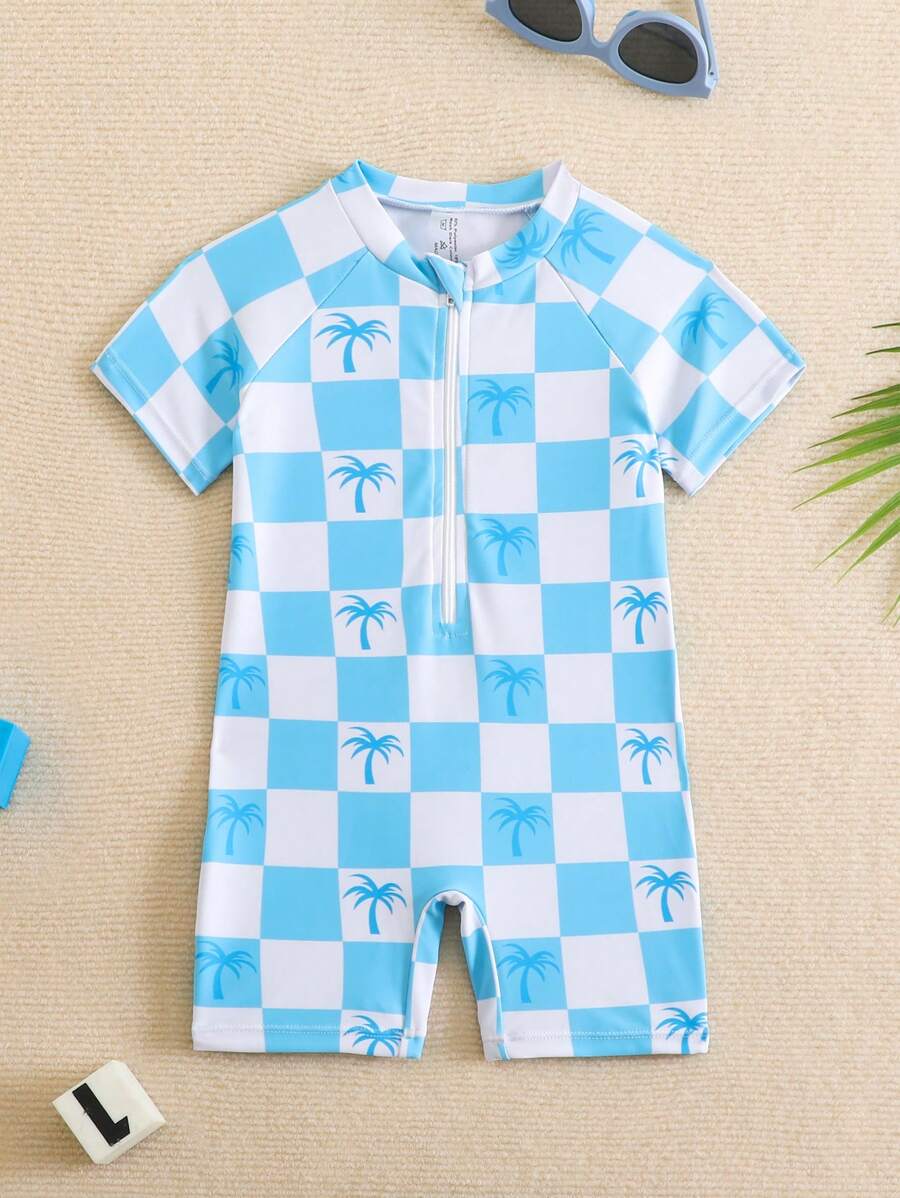 Baby Boy Printed Checker Board & Coconut Tree Pattern One-Piece Swimsuit, For Beach Vacation - Baby Blue - View 1