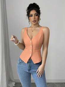 Selianne Áo ba lỗ cài nút phía trước màu trơn đơn giản cho nữ, mùa hè - trái cam - Xem 5