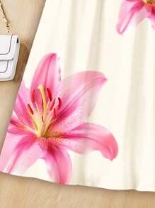 SHEIN Leap Crew Cream Large Floral Print Casual Floral Pattern Ruffle Sleeve Dress For Tween Girls, Suitable For Summer - Multicolor - View 5