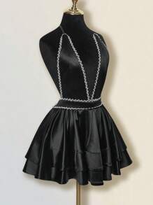 SHEIN ICON Spring Summer Outfits For Women  Concert Outfit Women Backless Wedding Guest Dress Women Deep V Neck Rhinestone Decor Ruffle Hem Mini Skater Dress - Black - View 2