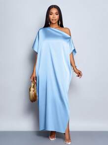 SOLERSUN Women's Elegant Asymmetrical Neck Solid Color Long Shoulder Strap Casual Satin Dress - Blue - View 5