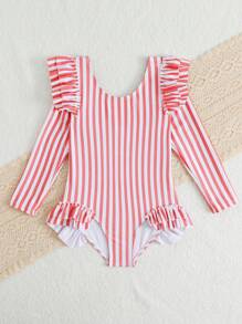 SHEIN Young Girl Striped Ruffled One-Piece Swimsuit, Vacation & Beach - Red and White - View 6