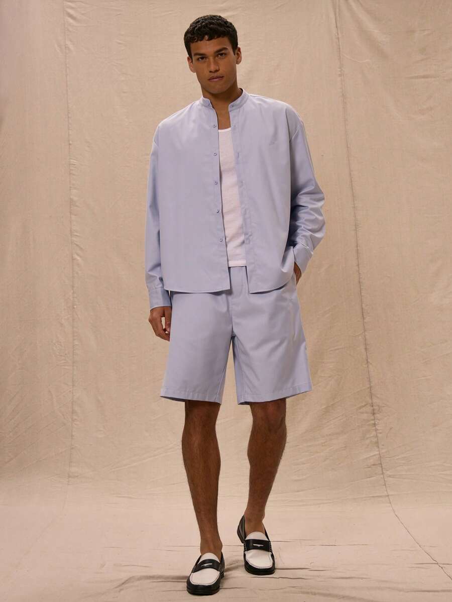 Musero 弹性腰带“M”刺绣及膝短裤 - 淺藍色 - 查看 1