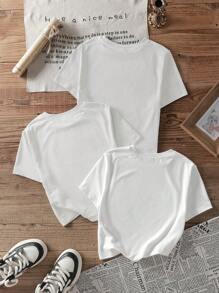 Attitoon 3 件白色休闲城市名称印花圆领短袖修身短款女式 T 恤，意大利米兰、加州布鲁克林印花