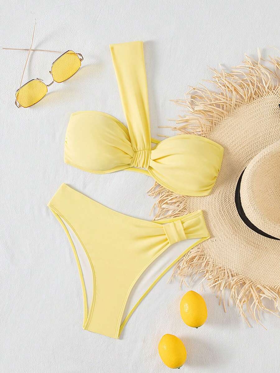 Swim Mod Women Solid Color Asymmetrical Neck Ruched Bikini Swimwear Sets, Beach Summer Outfits - Yellow - View 1