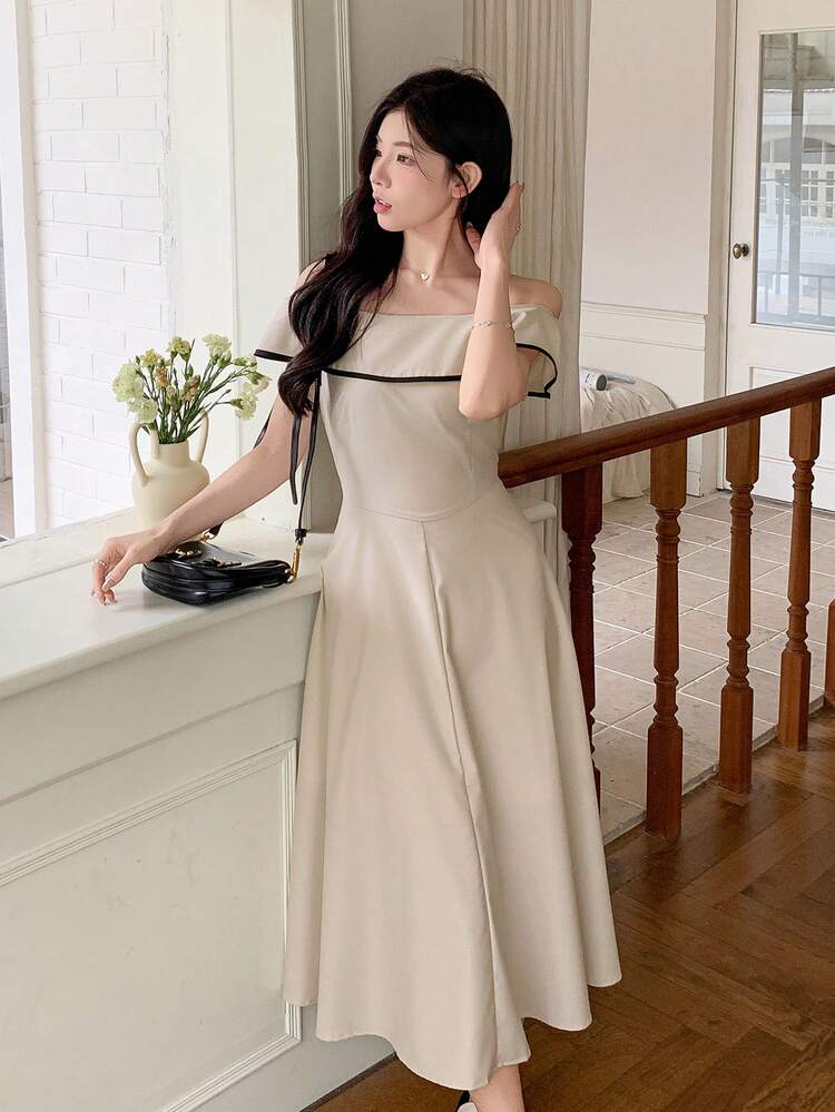 Women's Summer Off-Shoulder Color Block Short Sleeve Cinch Waisted A-Line Midi Dress, Elegant Casual Elegant Sundress