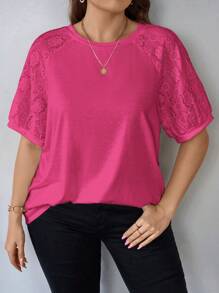 SHEIN Essnce Plus Size Women Top, Mixed Fabric Design - Hot Pink - View 1