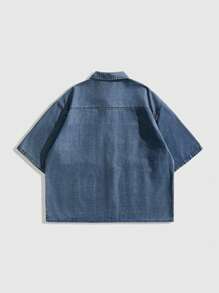 ROMWE MEN Street Life Men's Structured Denim Shirt, Minimalistic & Fashionable, Suitable For Summer - Blue - View 5