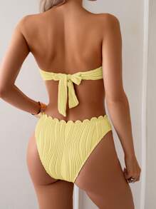 SHEIN Swim 2pcs Spring Break Solid Color Bandeau Halter Back Tie Seashell Decor Yellow Strapless Bikini Swimsuit For Women, Summer & Beach - Yellow - View 2