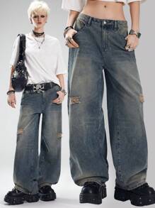 SHEIN EZwear Women's Spring/Summer Going Out Casual Daily Wear Hip-Hop Denim Dirty Washed Ripped Jeans - Medium Wash - View 1