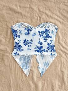 Soleia 女款度假風藍白花卉抹胸上衣，前開衩設計，舒適雪紡上衣，適合下午茶、畢業季、冬季疊穿 - 寶藍色 - 查看 2
