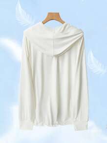 SHEIN Essnce Plus Size White Women's Summer Sun Protection Top,Solid Color Half Placket Button Long Sleeve Hooded Shirt For Beach,Autumn,Casual,Vacation - White - View 2