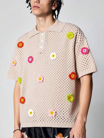 Street Life Maglione casual da uomo lavorato a maglia, con decorazione floreale 3D e design traforato