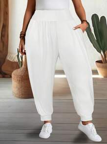 EMERY ROSE Plus Size Women's Solid Color Elastic Waist Pleated Harem Pants Fall - White - View 6