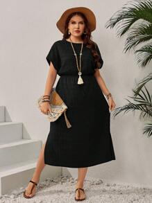 EMERY ROSE 大码纯色简约圆领短袖休闲日常连衣裙，女士夏季服装/夏季，热带度假女装 - 黑色 - 查看 6