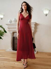 SHEIN LUNE Women's Chiffon Splicing Waist Gathering Color-Blocking Midi Elegant Dress - Burgundy - View 5