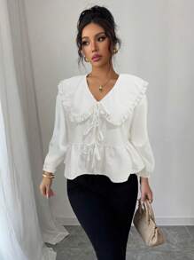 Chiquease 女士春夏款休閒純色彼得潘領開襟系帶襯衫，紮帶袖子設計 - 白色 - 查看 1