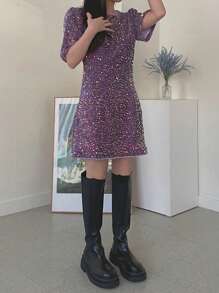 DAZY Vestido de Festa Mini Ajustado de Gola Redonda com Manga Bufante de Lantejoulas, Vestido de Formatura de Luxo, Vestido Elegante Feminino, Vestido de Ano Novo, Vestido Cintilante, Roupas de Férias Boho para Mulheres - Roxo empoeirado - Visão 7