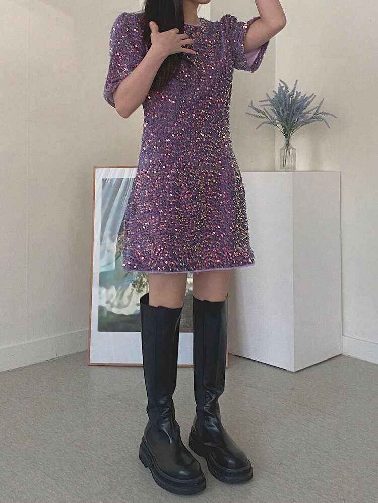 Sequin Puff Sleeve Round Neck Fitted Mini Party Dress Luxury Prom Dress Elegant Women Dresses New Year Eve Dress Sparkly Dress Boho