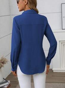EMERY ROSE Kemeja Kantor Kasual Wanita Lengan Panjang Kancing Tunggal Warna Polos, Pakaian Musim Gugur untuk Wanita - Royal Blue - View 2