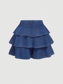 SHEIN MOD Women's White Ribbon Bow Blue Denim Cake Layered A-Line Skirt - Medium Wash - View 2