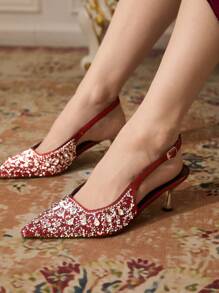 CUCCOO TILAWA Women's Pointed Toe Rhinestone High Heels Burgundy Closed Toe Party Pumps - Burgundy - View 5