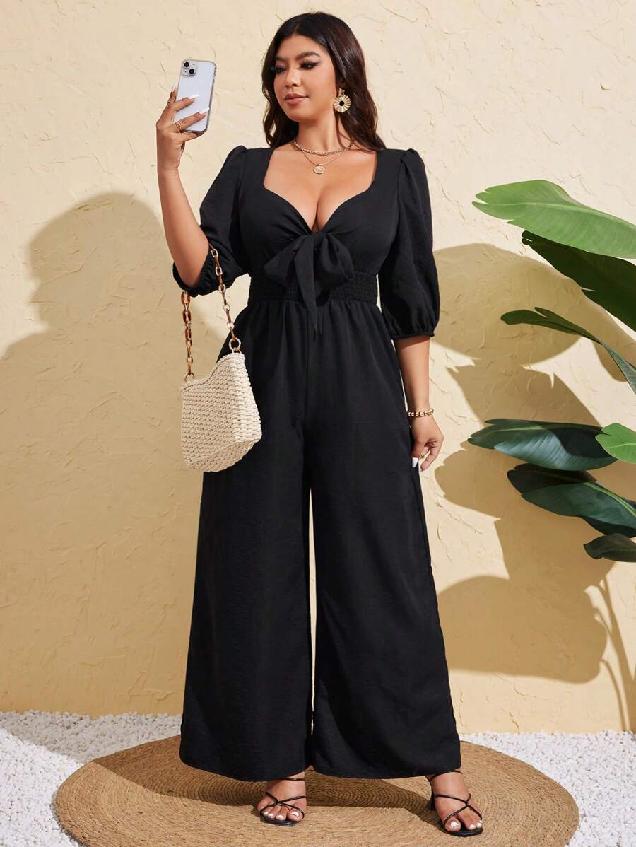 SHEIN Clasi 大码女式纯色优雅系带阔腿连体裤