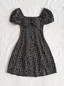 SHEIN WYWH 女士度假蓝底白色碎花圆点印花泡泡袖褶皱 A 字型侧开衩迷你连衣裙 - 黑色 - 查看 7